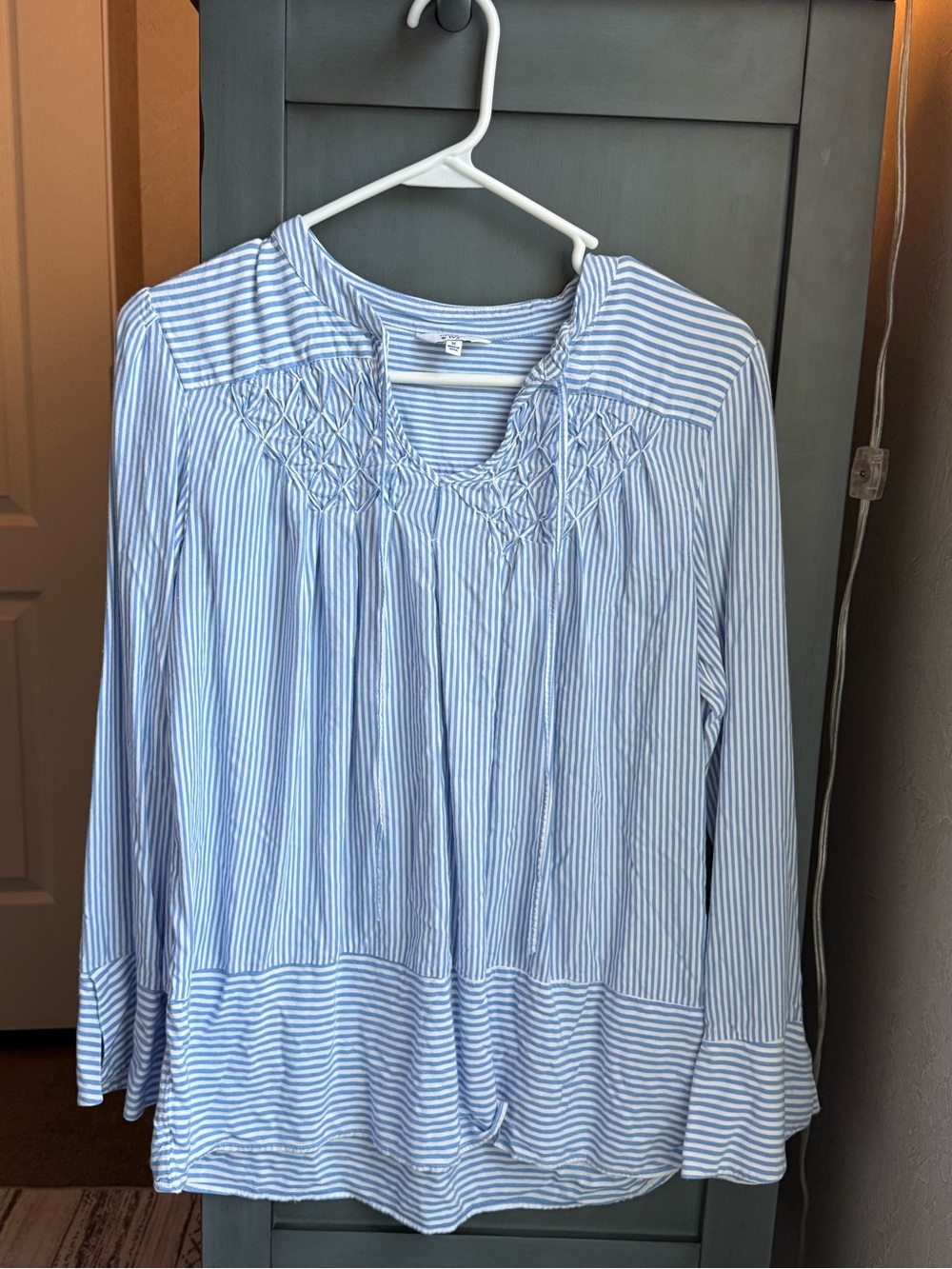 crown & ivy Blue and White Striped Smocked Yoke Long Sleeve Top